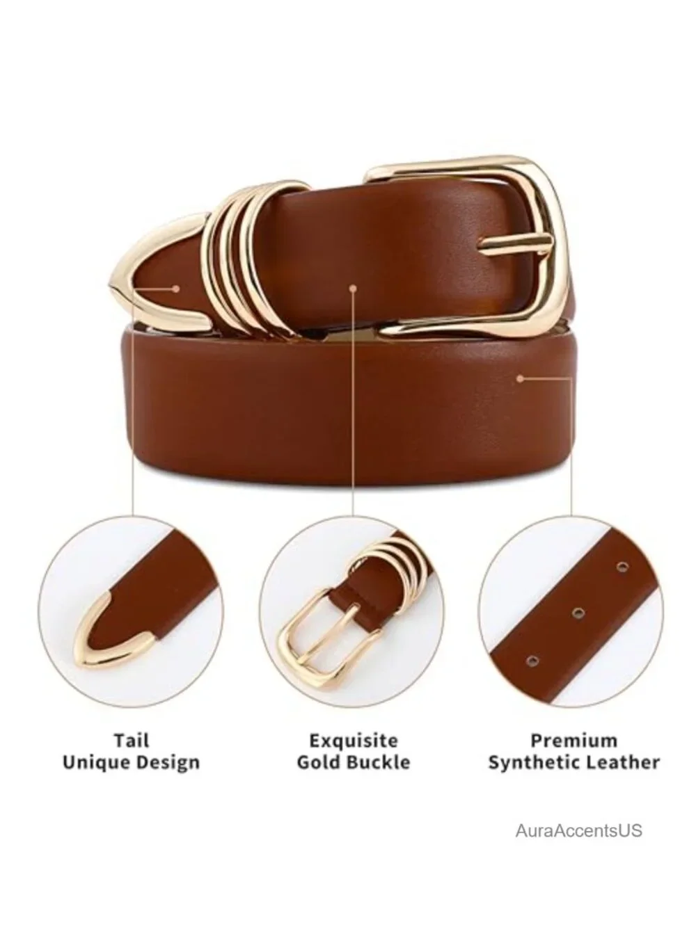 Women's Faux Leather Belt with Gold Buckle - Formal Waist Belt